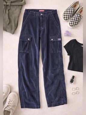 Y2K Vintage Unionbay Corduroy Cargo Pants Grunge Skater Wide Leg Blue 7 C32
